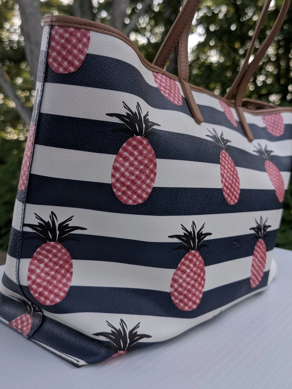 Tory Burch Kerrington Navy Stripe Pineapple Tote Bag - Pink Pineapple Print